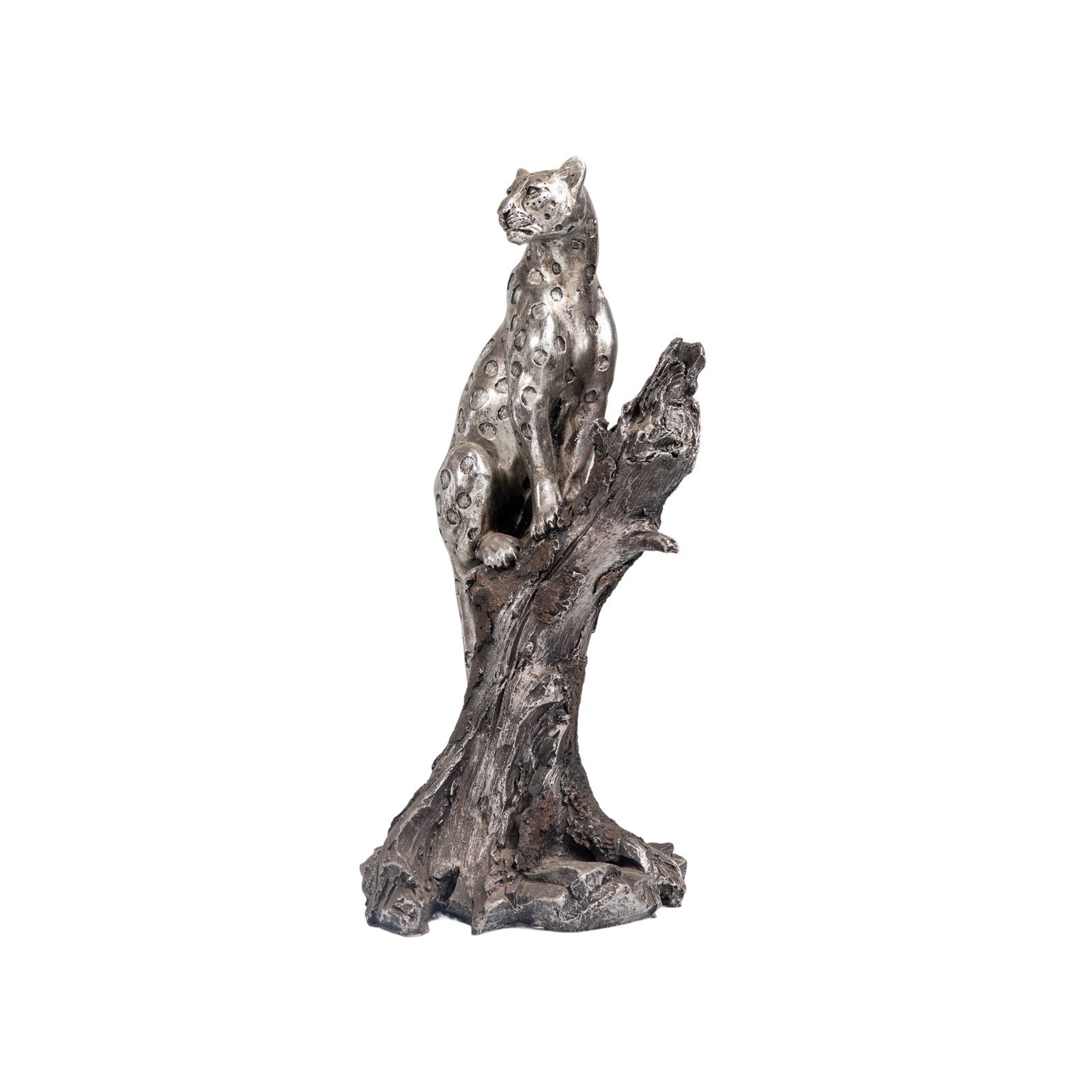 Silver Leopard on Tree Trunk Sculpture
