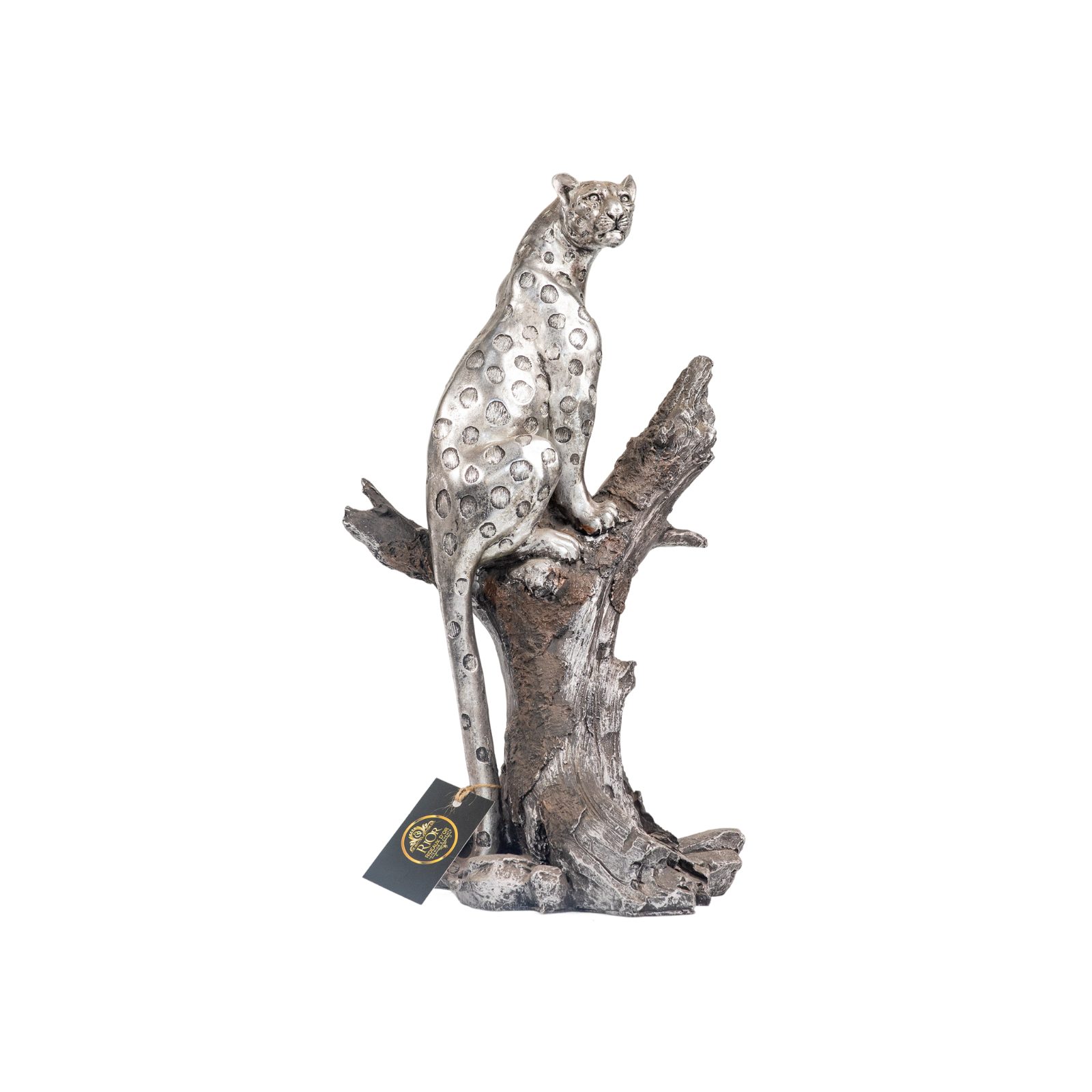 Silver Leopard on Tree Trunk Sculpture thumbnail 3