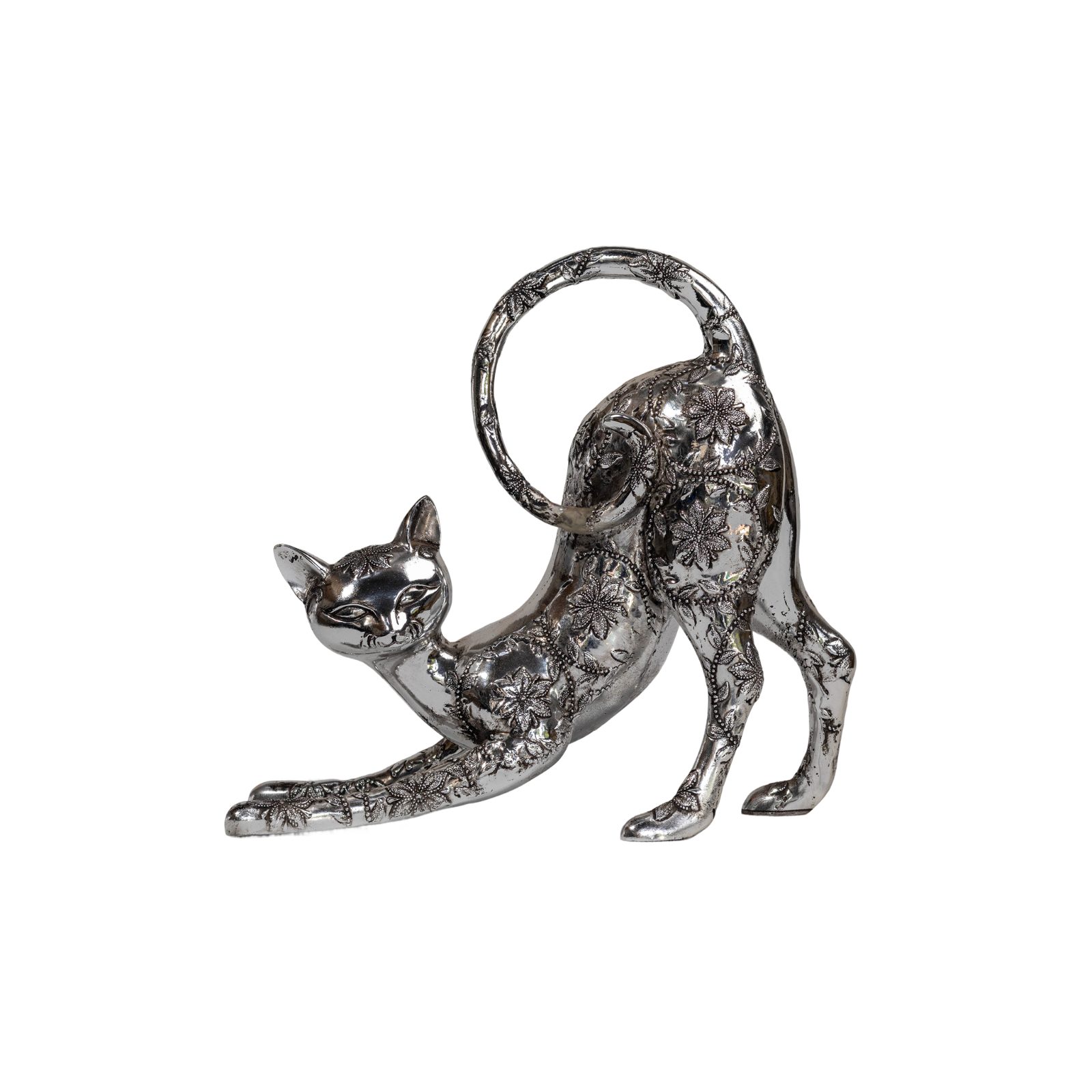 Silver Filigree Stretching Cat Sculpture