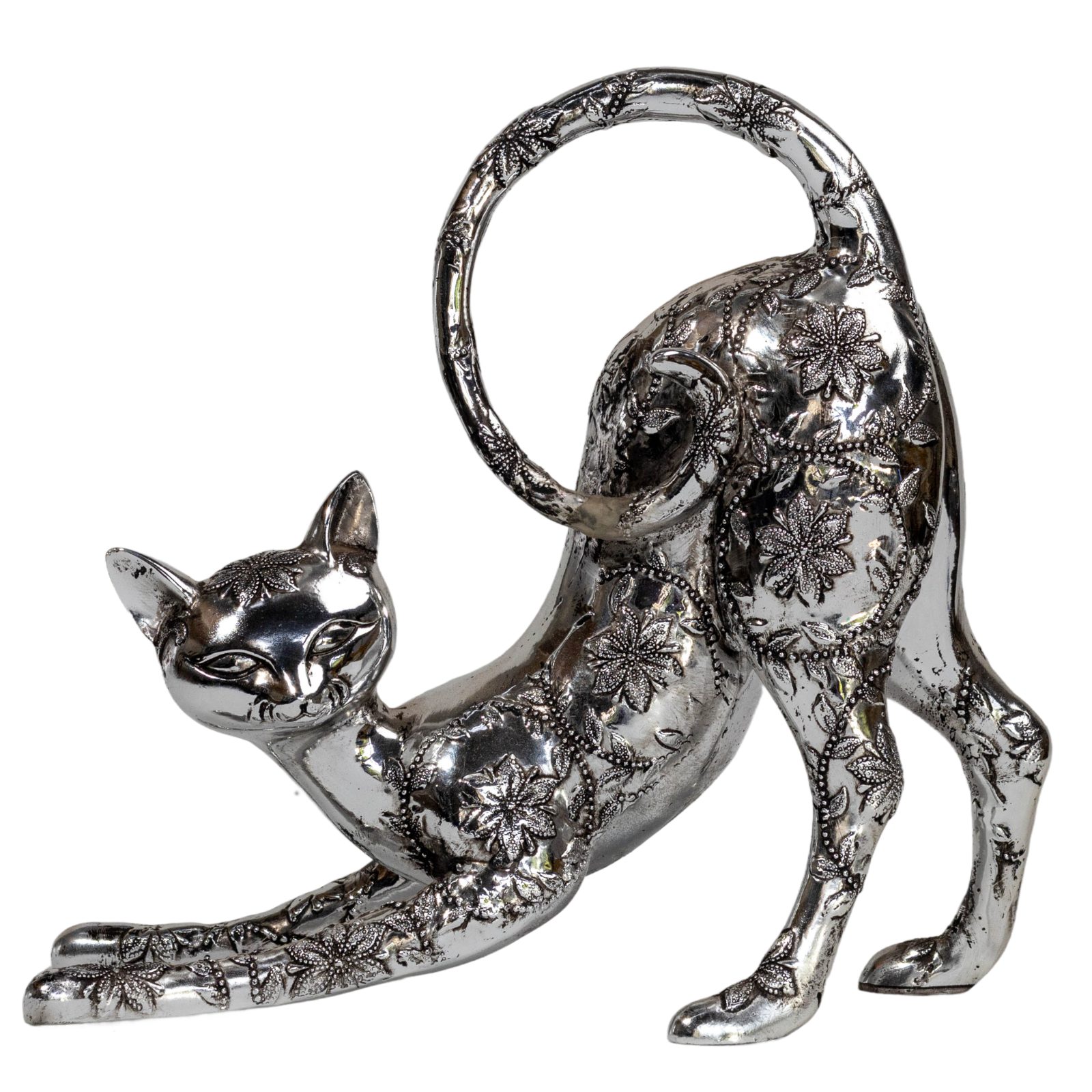 Silver Filigree Stretching Cat Sculpture thumbnail 2