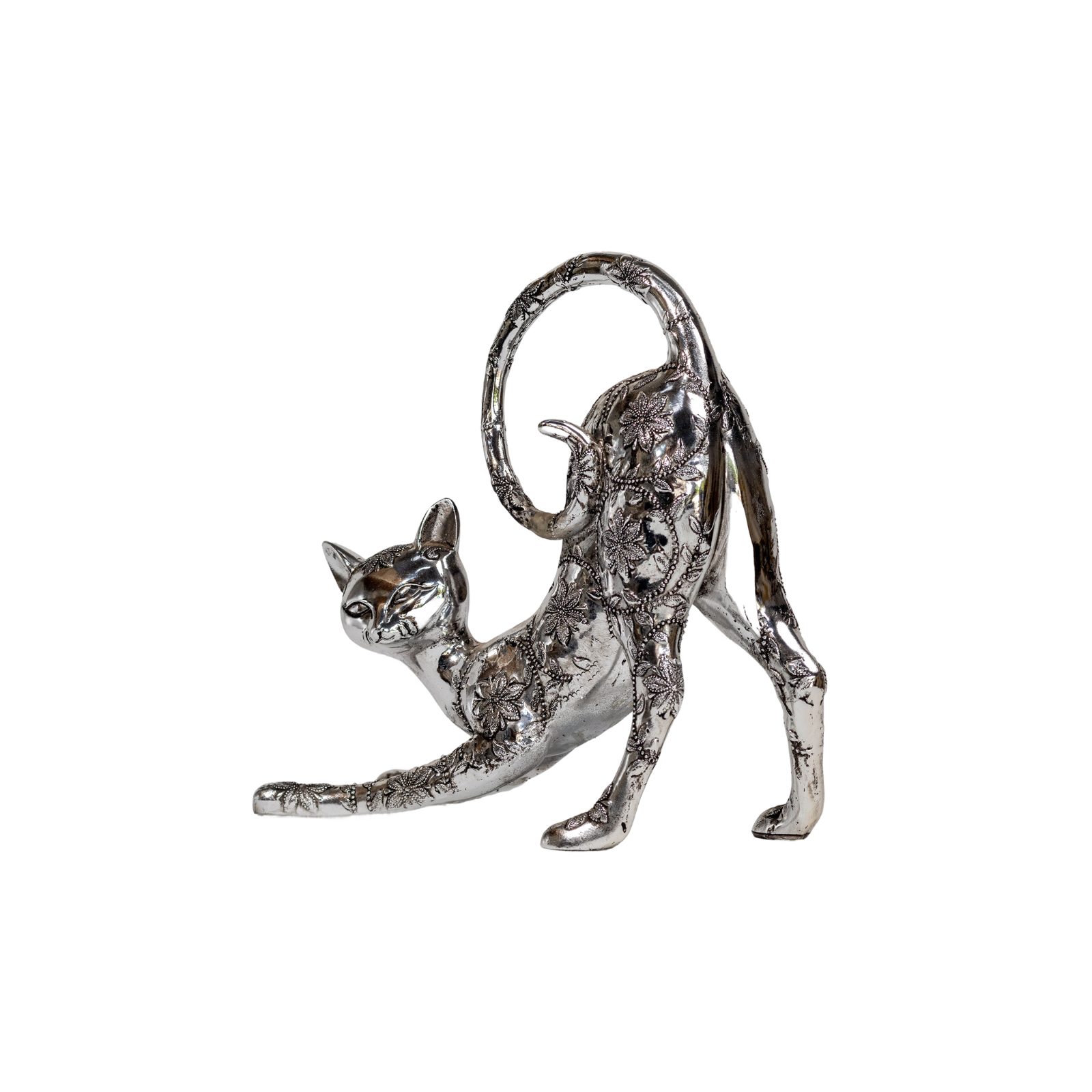 Silver Filigree Stretching Cat Sculpture thumbnail 4