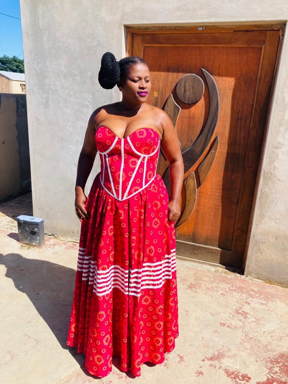Red African Print Corset Maxi Dress