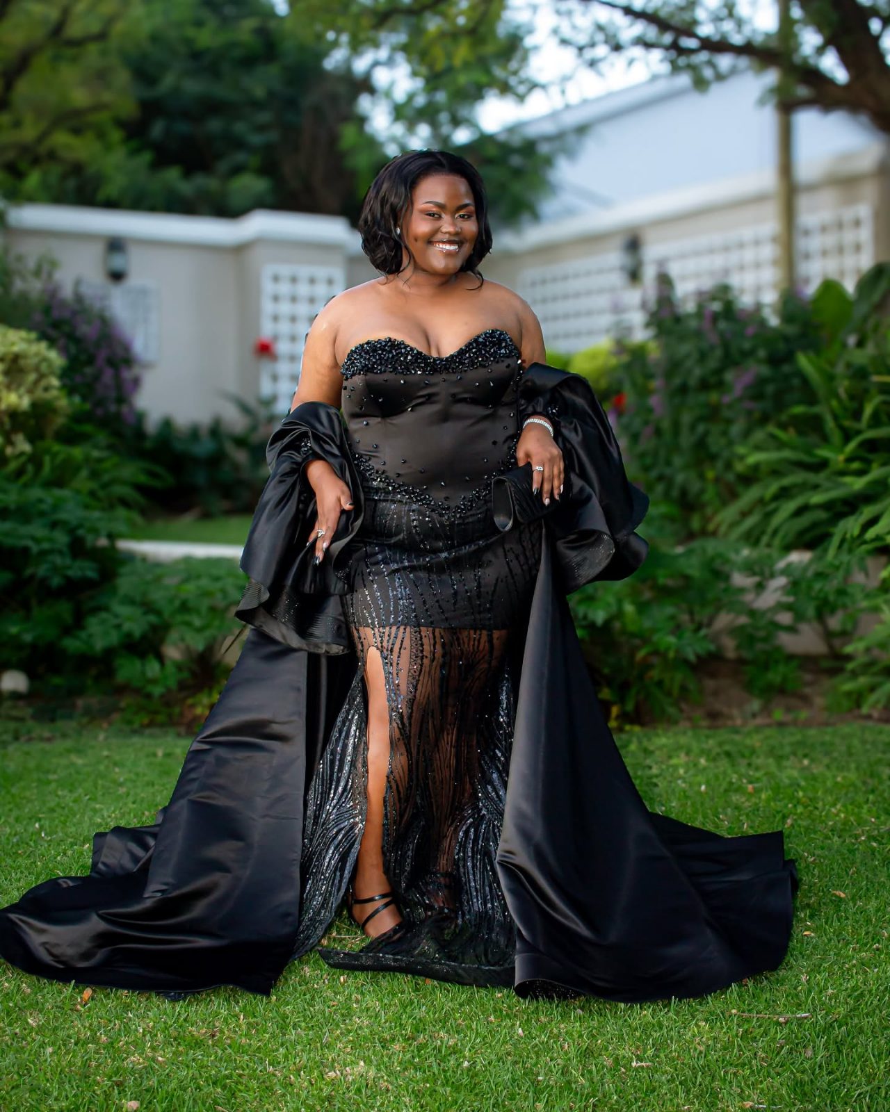 Black Beaded Mermaid Evening Gown with Detachable Satin Train Show more lines