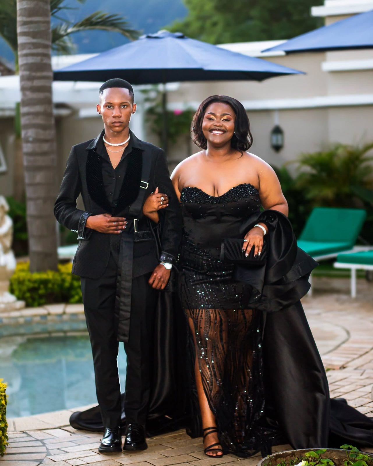 Black Beaded Mermaid Evening Gown with Detachable Satin Train Show more lines thumbnail 2