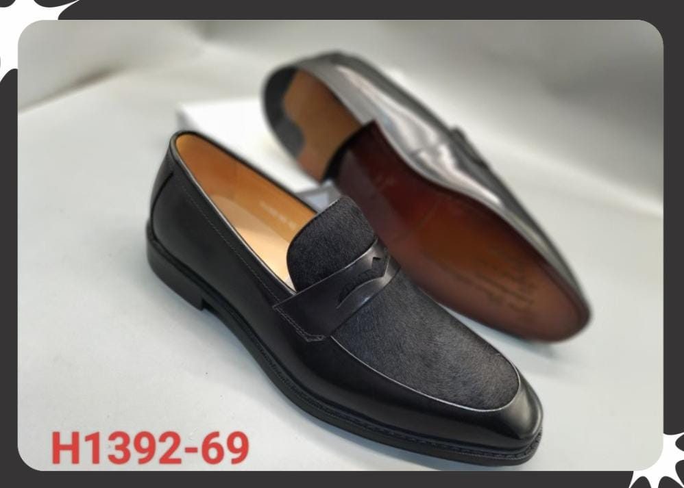 Men's executive Black leather  penny loafers or calf hair vamp 